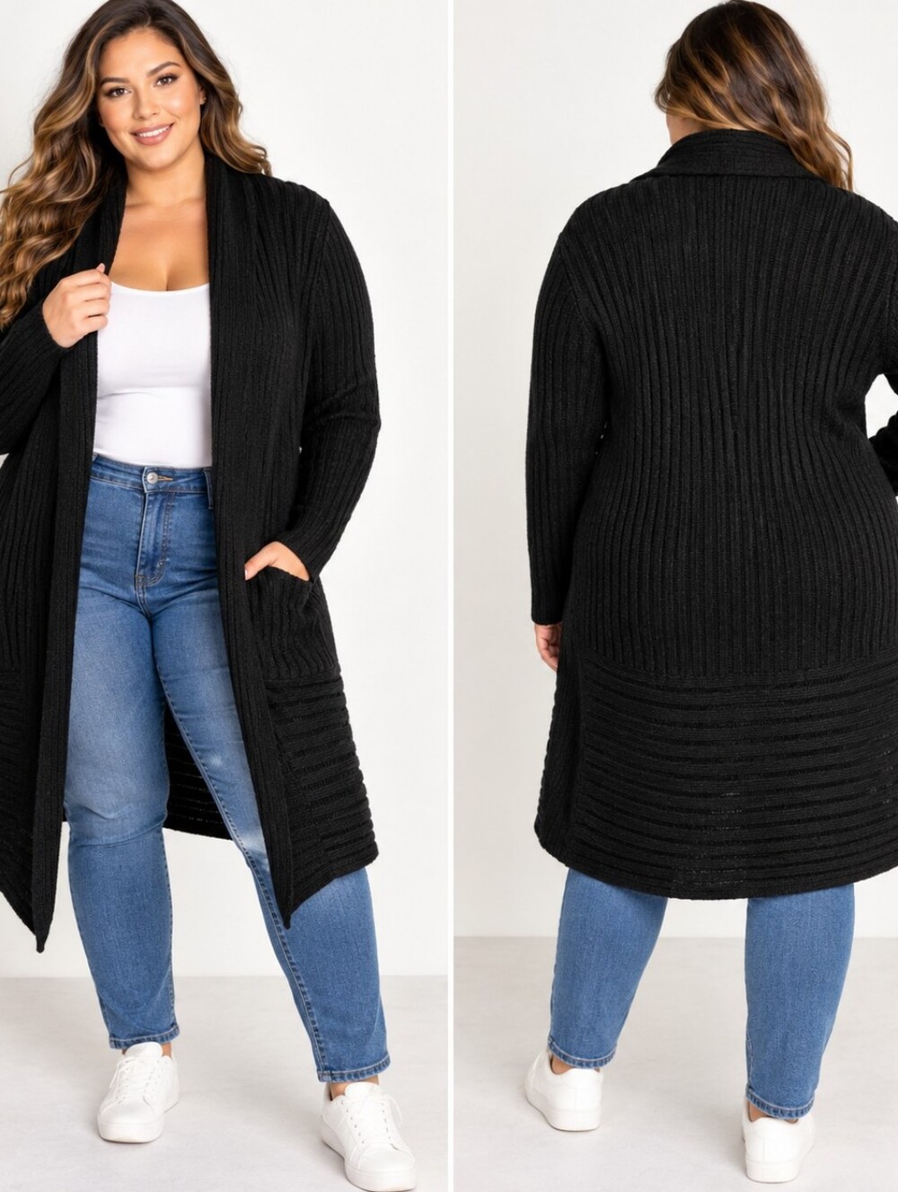 baby phat 3x black ribbed knit duster cardigan long sleeve